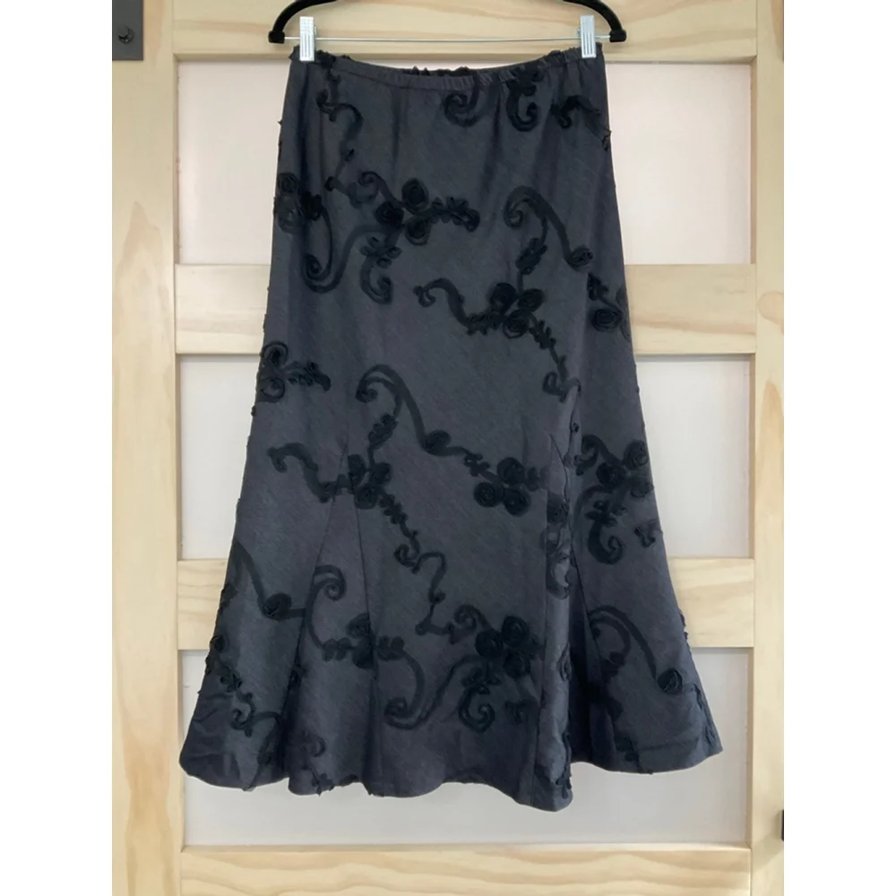 Lena Gabrielle Black Gray Floral Burnout Midi Skirt Size 10 Lined Elegant Y2K